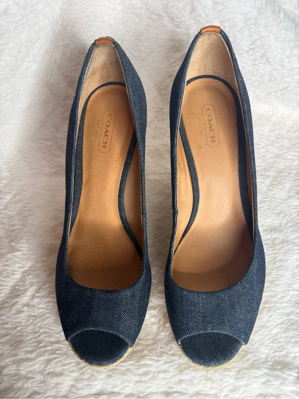 Coach Denim Peep-Toe Espadrille Wedge in Navy